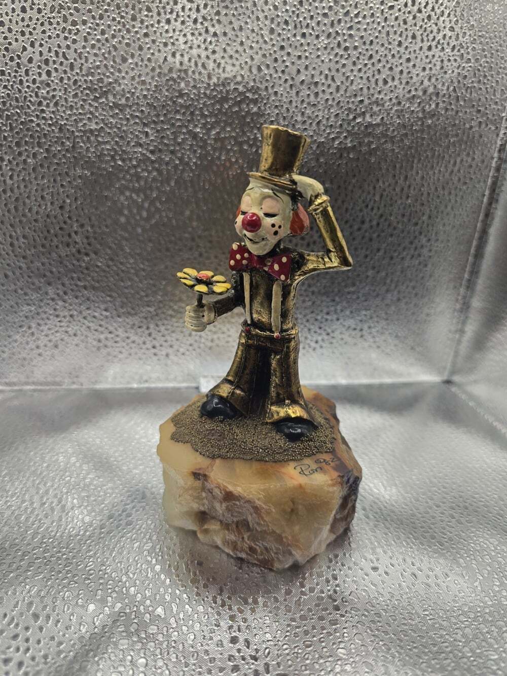 Vtg 1982 Ron Lee Hand Painted Brass Gold Plated Clown on Onyx Base Signed 5.5"
